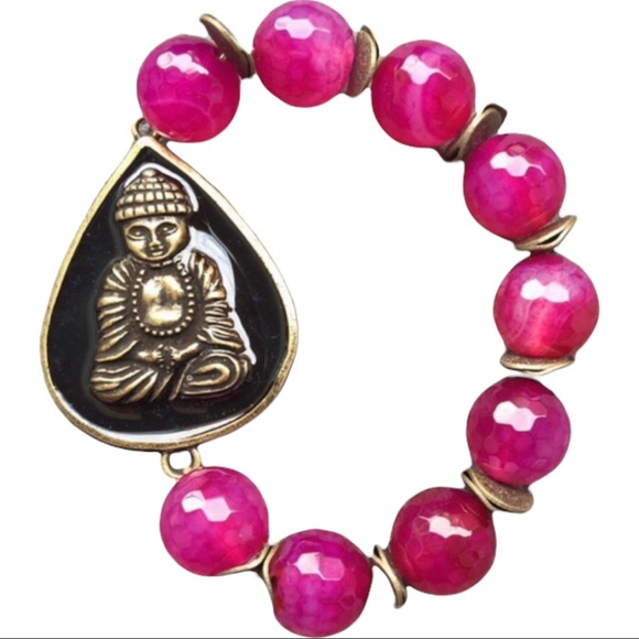 Pink agate Buddha Beaded stretch Bracelet - Picture 6 of 16